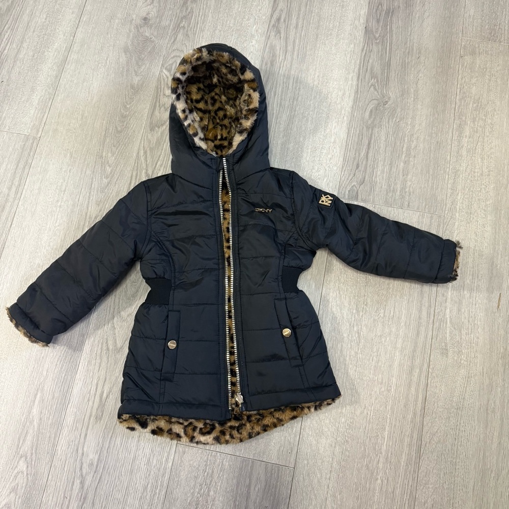 DKNY Black Puffer Reversible Jacket with Leopard Lining‎